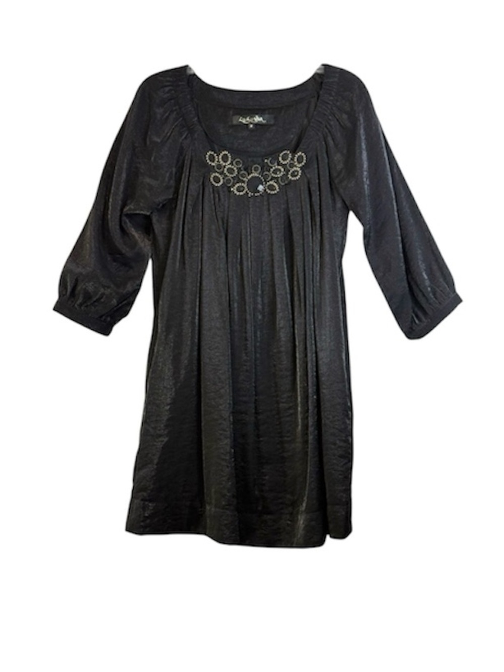 Anthropologie Luluvia Black Beaded Metallic Boho Shift Dress M